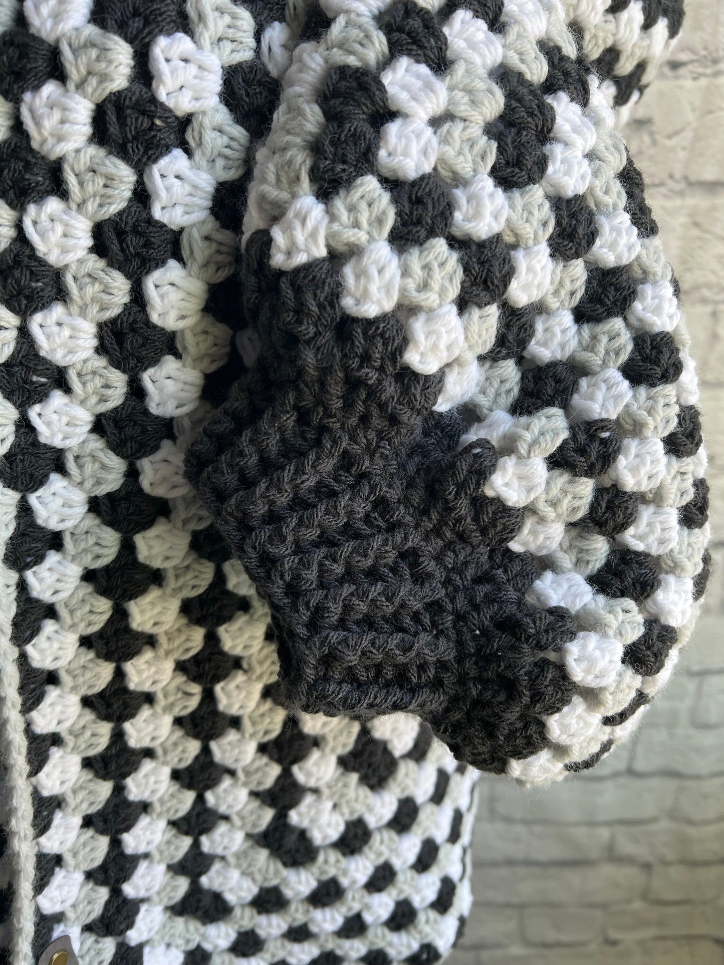 Black, Grey and White Hexi Cardigan. Granny Square Jacket. Cookies and Cream Woman’s Cardigan. Neutral Knit Sweater. Unisex Sweater