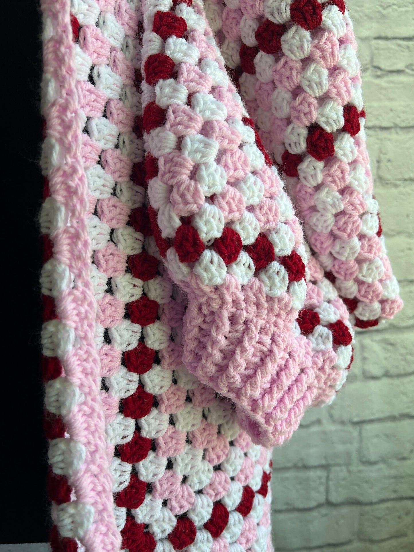 Strawberries and Cream Cardigan. Granny Hexagon Cardigan Sweater. Pink and Red Cardigan. Dopamine Fashion. Tomboy Chic Fashion.