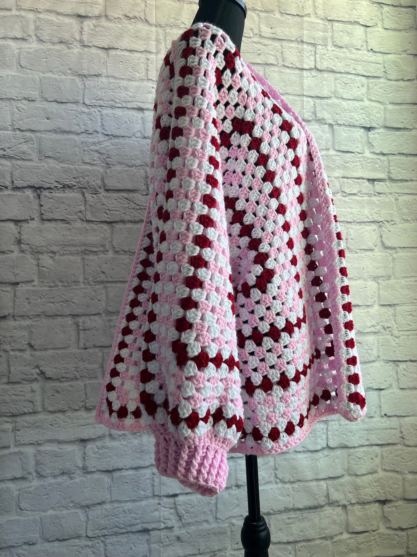 Strawberries and Cream Cardigan. Granny Hexagon Cardigan Sweater. Pink and Red Cardigan. Dopamine Fashion. Tomboy Chic Fashion.