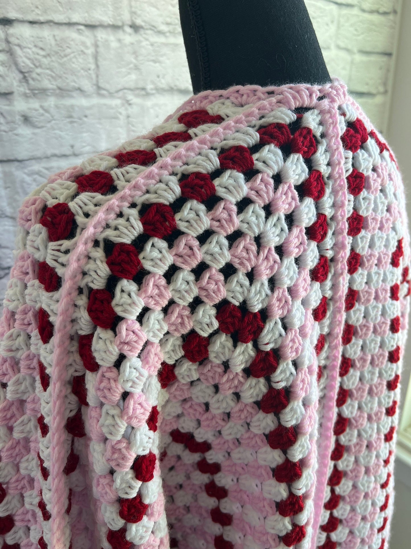 Strawberries and Cream Cardigan. Granny Hexagon Cardigan Sweater. Pink and Red Cardigan. Dopamine Fashion. Tomboy Chic Fashion.