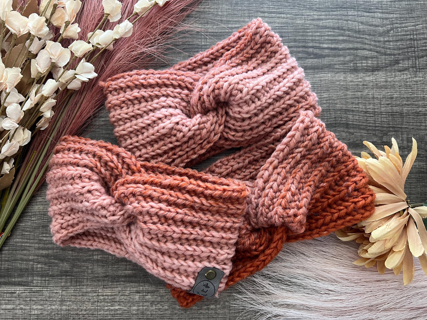 Ava Earwarmer Knit Headband. Women’s Knit Earwarmer. Blush and Spice Winter Headband.