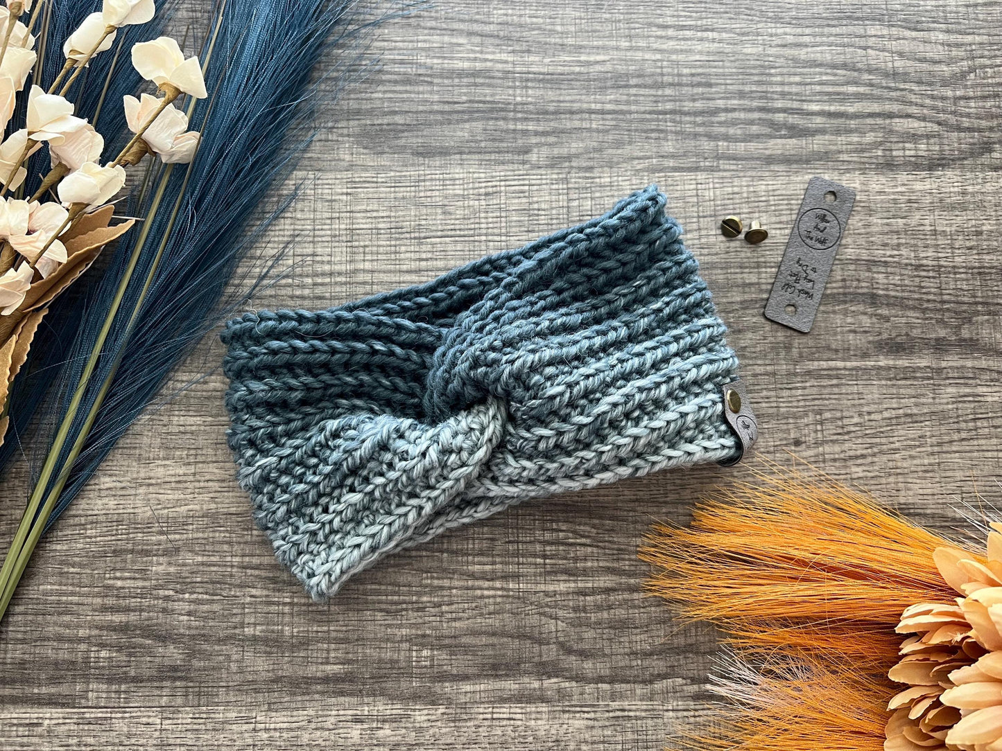 Ava Earwarmer Knit Headband. Women’s Knit Earwarmer. Cream and Steel Blue Winter Headband.