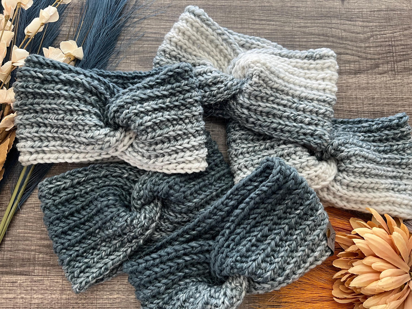 Ava Earwarmer Knit Headband. Women’s Knit Earwarmer. Cream and Steel Blue Winter Headband.