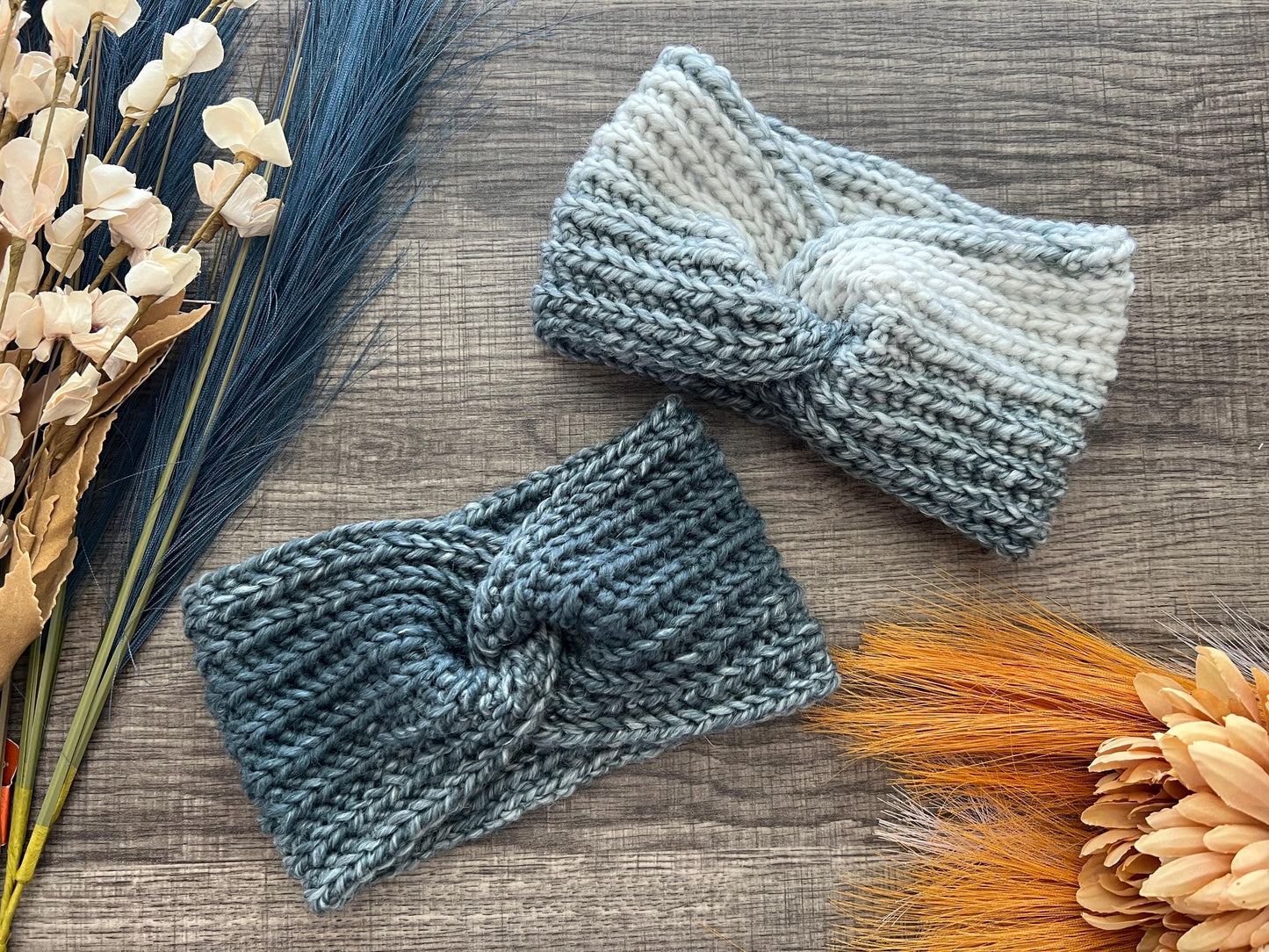 Ava Earwarmer Knit Headband. Women’s Knit Earwarmer. Cream and Steel Blue Winter Headband.