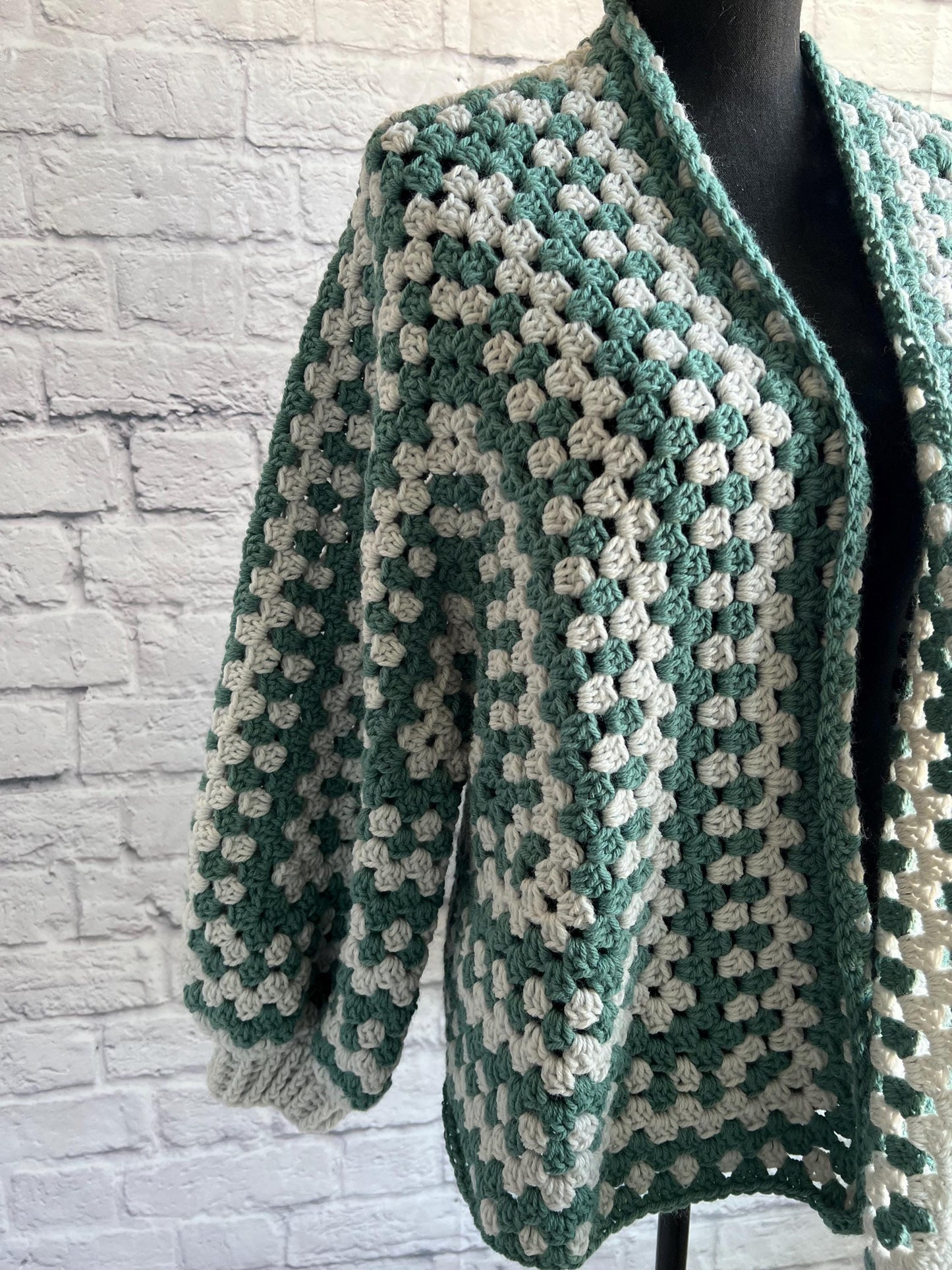 Teal Green and Grey Cardigan. Women's Crochet Sweater. Hexagon Cardigan.
