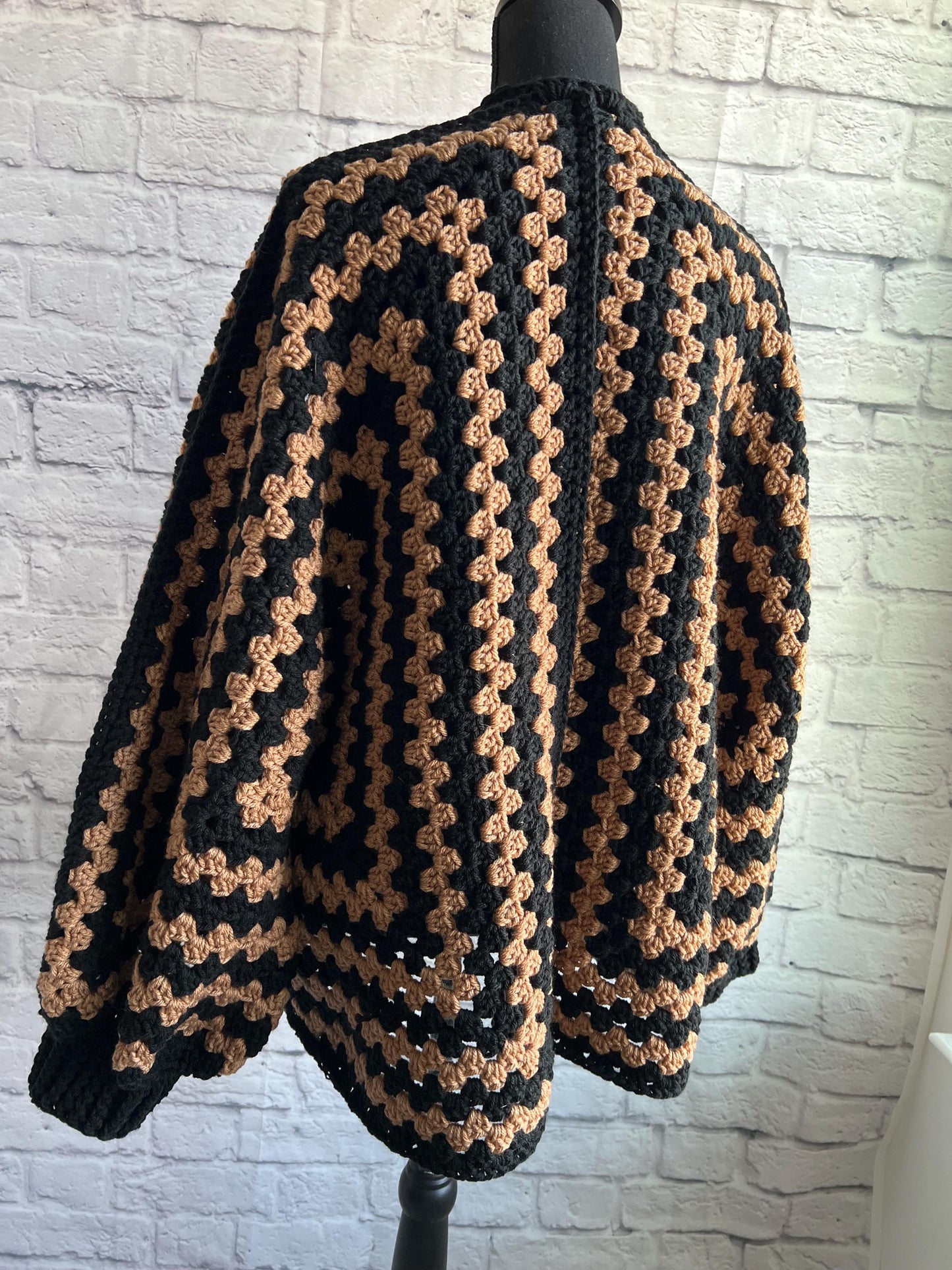 Black and Tan Cardigan. Granny Hexagon Cardigan Sweater. Camel and Black