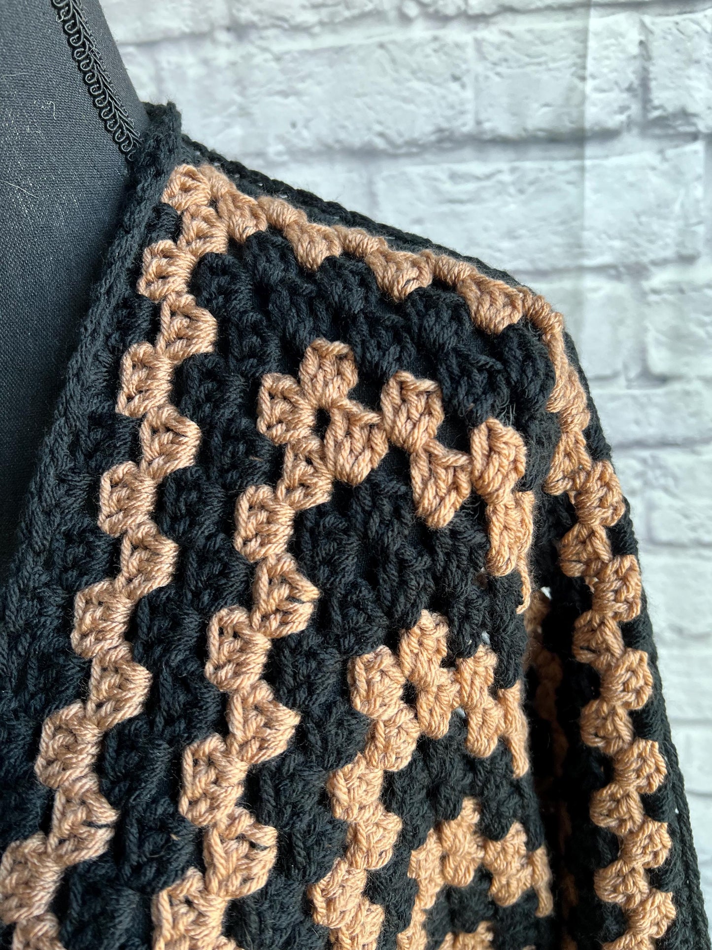 Black and Tan Cardigan. Granny Hexagon Cardigan Sweater. Camel and Black