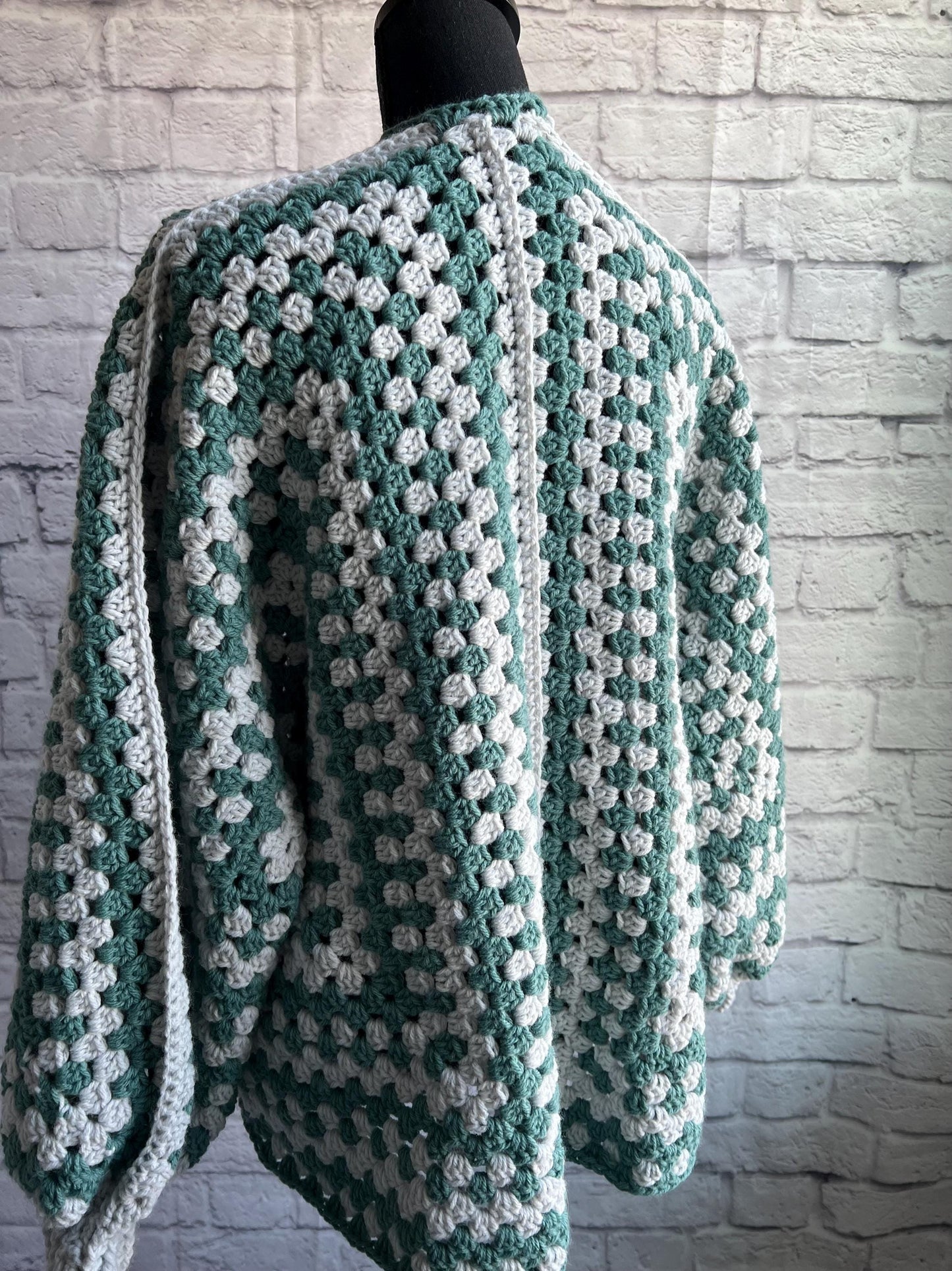 Grey and Green Cardigan. Granny Hexagon Cardigan Sweater. Fern green sweater. Fall Sweater.