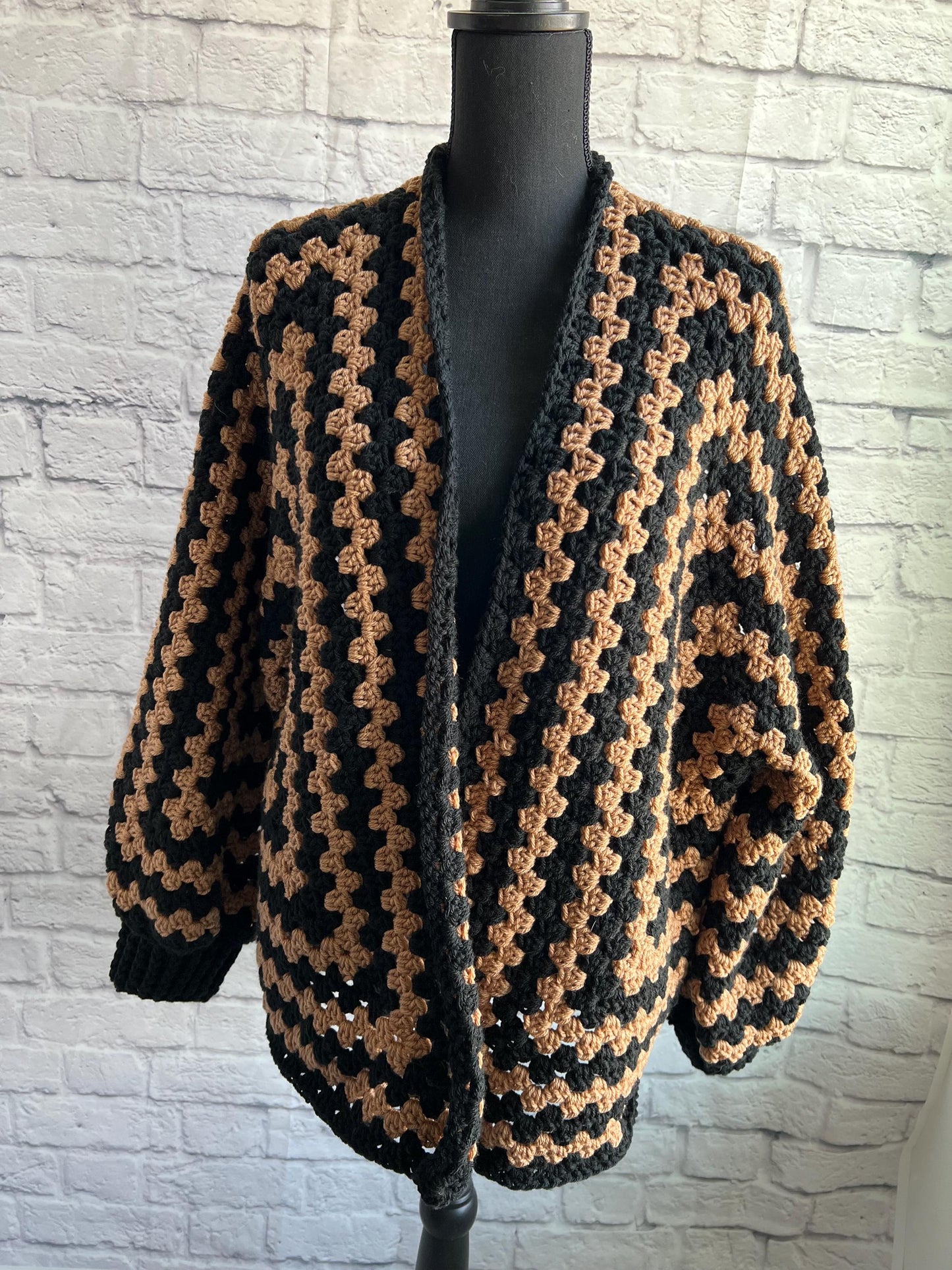 Black and Tan Cardigan. Granny Hexagon Cardigan Sweater. Camel and Black