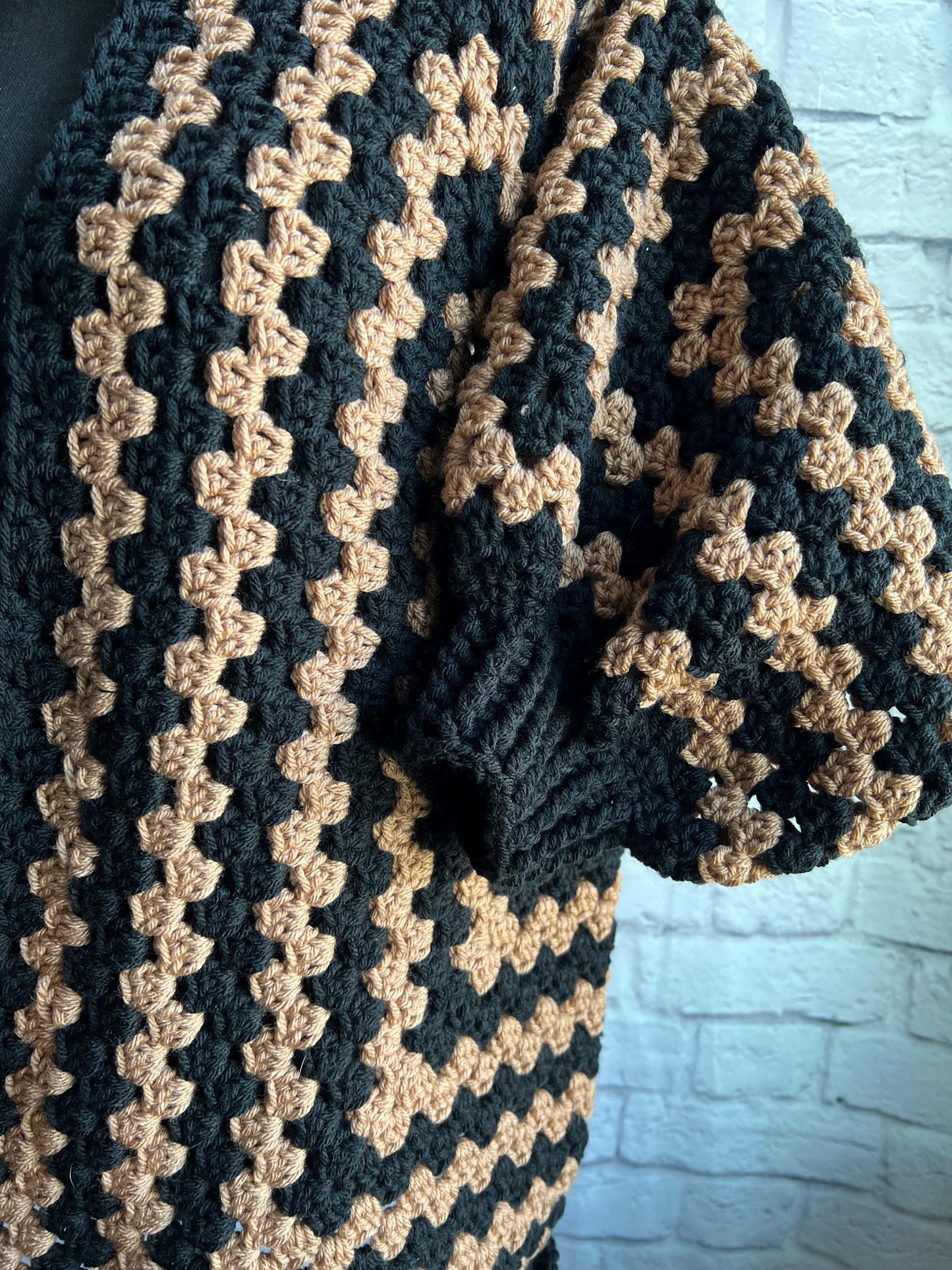 Black and Tan Cardigan. Granny Hexagon Cardigan Sweater. Camel and Black
