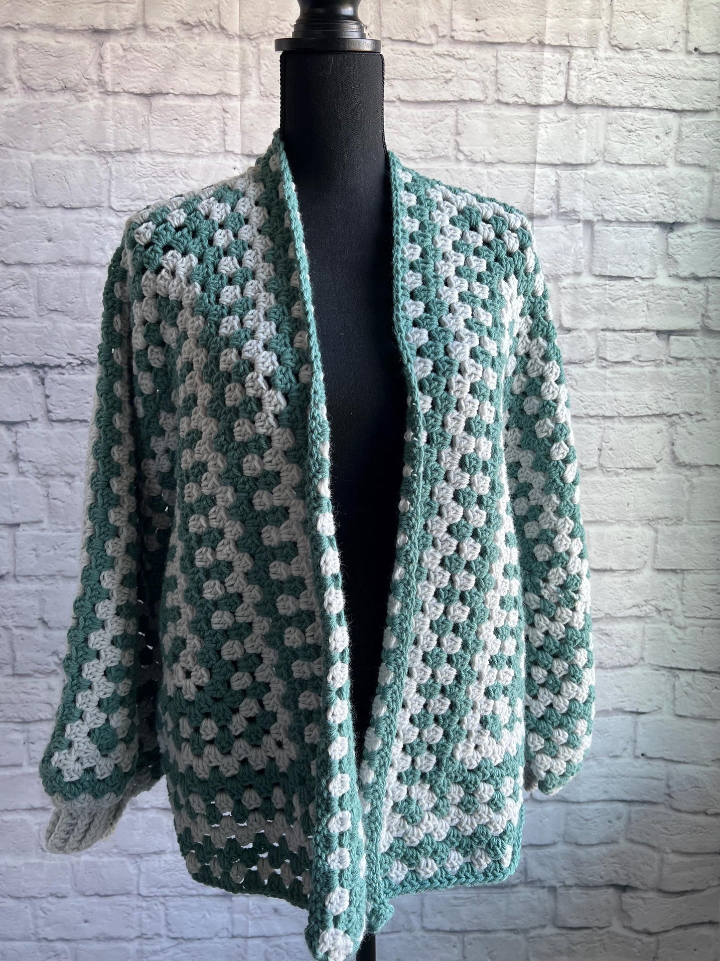 Grey and Green Cardigan. Granny Hexagon Cardigan Sweater. Fern green sweater. Fall Sweater.