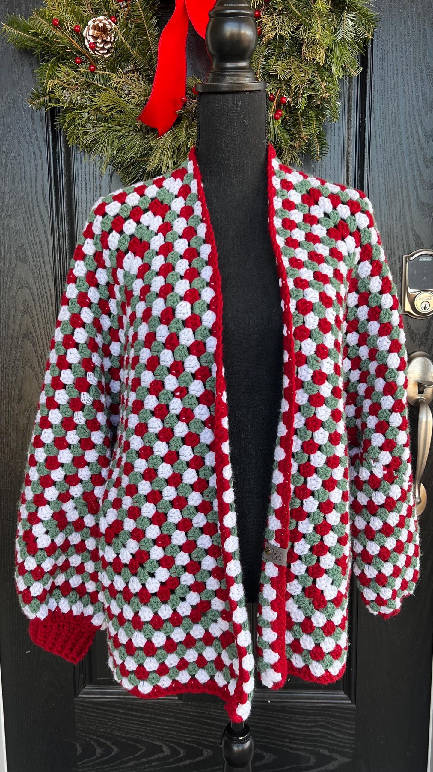Christmas Hexi Cardigan. Red and Green and White Cardigan. Granny Square Sweater. Multicolor Holiday Sweater.
