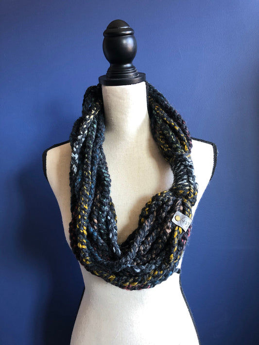 Black and multicolor Braided Scarf. Skinny Womens Scarf. Braided Chain Cowl. Black Womens Scarf.