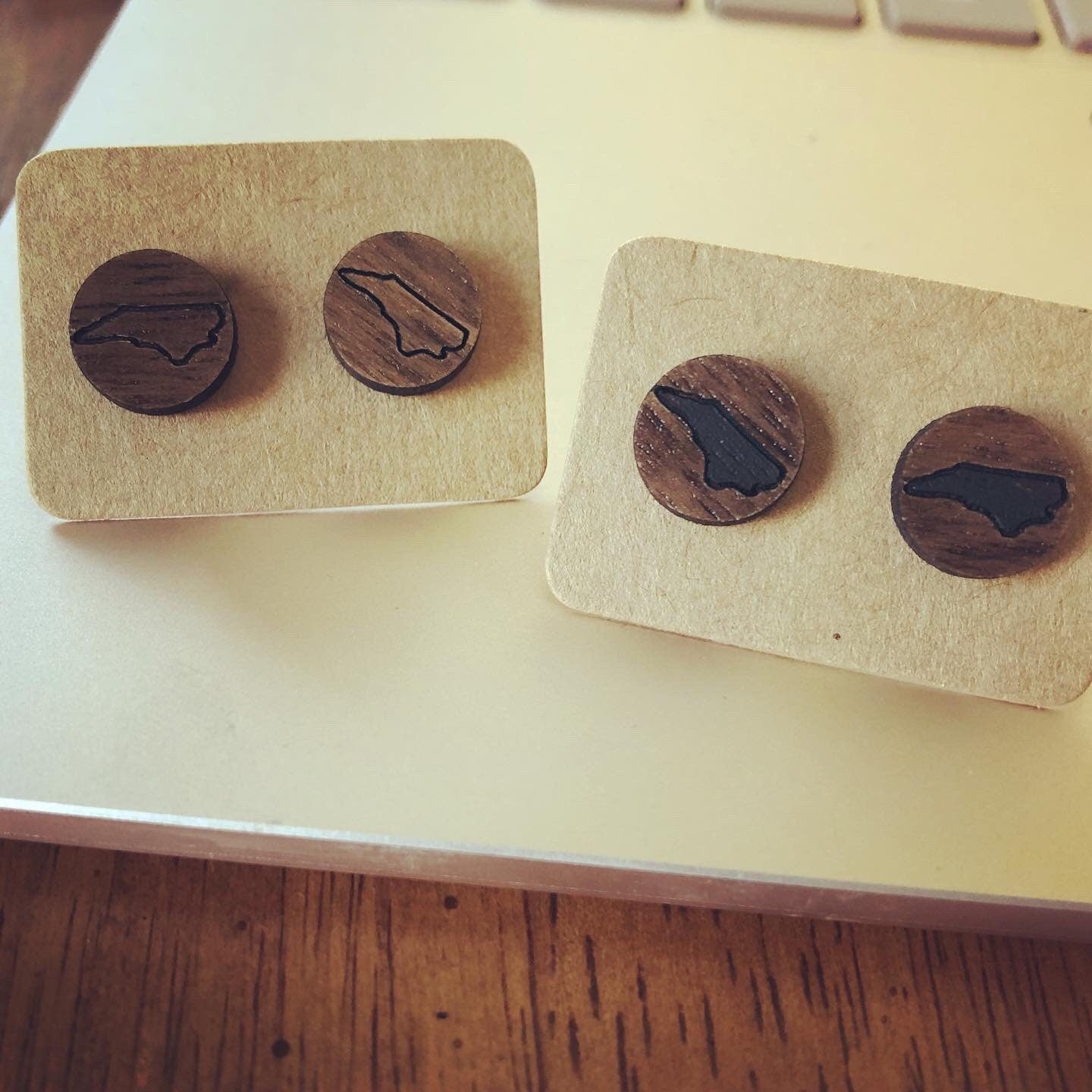 North Carolina Round Wooden Earrings. NC Gifts. Wood Stud Earrings. Laser Engraved Earrings. NC State Stud Earrings. 10mm Stud Earrings