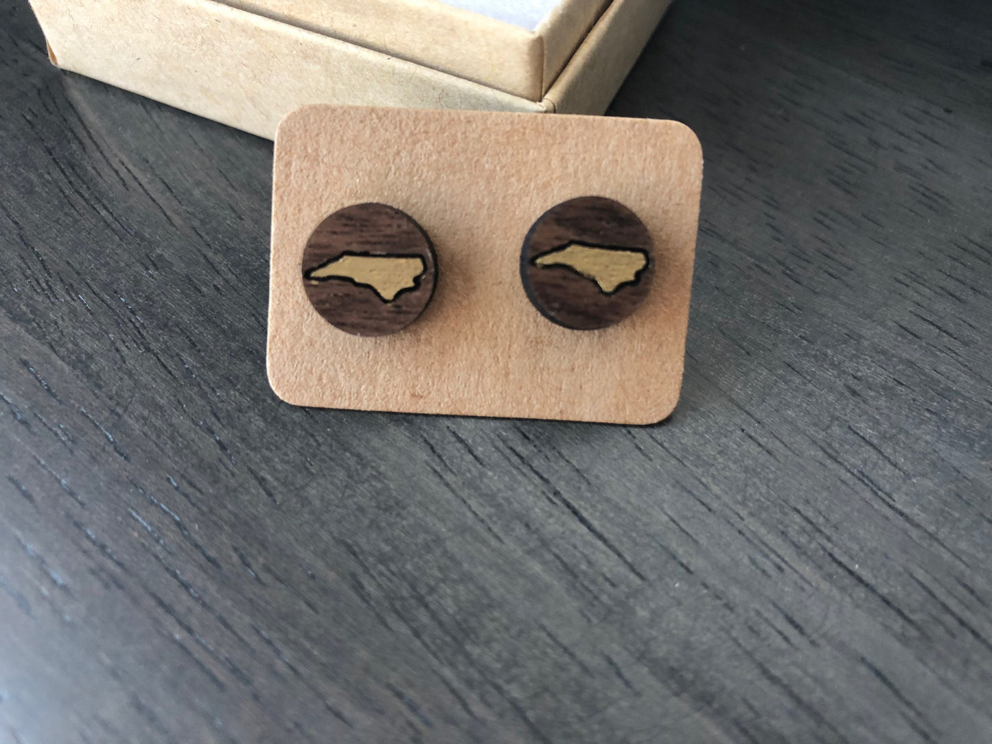 North Carolina Round Wooden Earrings. NC Gifts. Wood Stud Earrings. Laser Engraved Earrings. NC State Stud Earrings. 10mm Stud Earrings