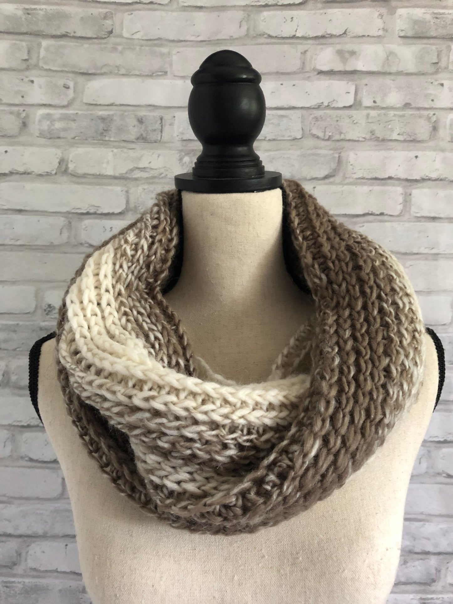 Cream and Brown Knit Scarf. Neutral Women’s Knit Cowl.