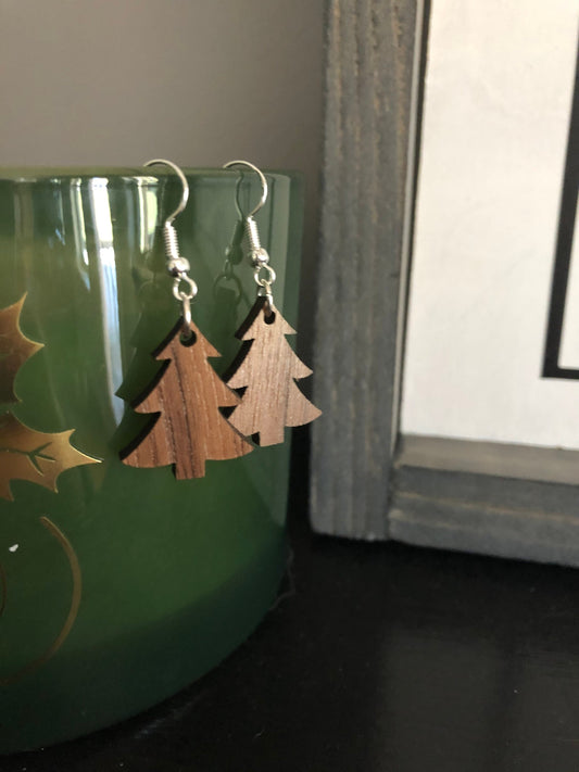 Christmas Tree Earrings. Holiday Earrings. Wooden Tree Earrings. Tree Dangle Earrings. Gifts for Her. Stocking Stuffer.