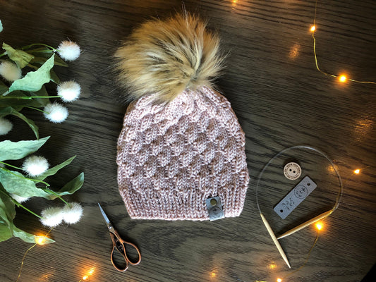 The Alpine Beanie. Women’s Knit Hat. Knit Beanie with Faux Fur Pom. Knitted Women’s Toque. Faux Pom Knit Hat.