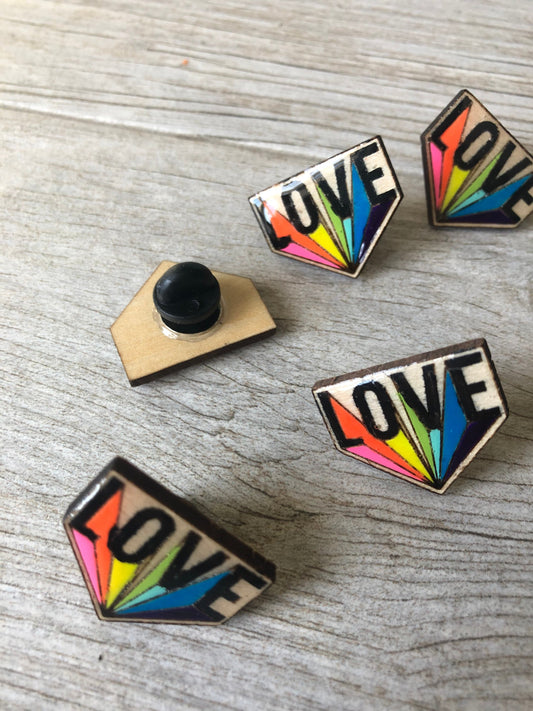Rainbow Love Pride Pin. Pride Month. Love is Love. Wooden Engraved Pin. Rainbow Pin. LGBTQ Pride. Lapel Pin. Backpack Pin.