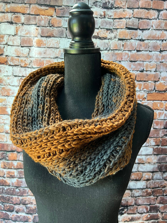 Rust and Charcoal Women's Chunky Infinity | Neutral Colored Women's Cowl | Black and Tan Knit Scarf | Crochet Infinity Cowl