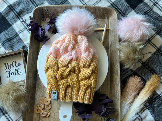Blush and Gold Braided Cable Knit Hat. Women’s Knit Toque.