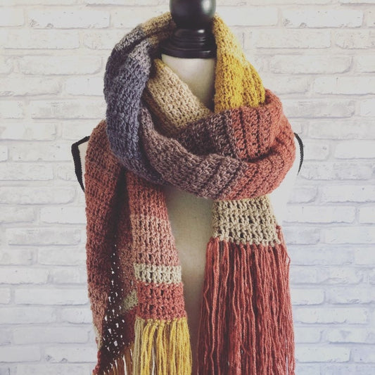 Oversized Women’s Long Scarf with Fringe - Fall Colors. Indie Aesthetic. Color blocked Long Scarf. Multicolor Scarf