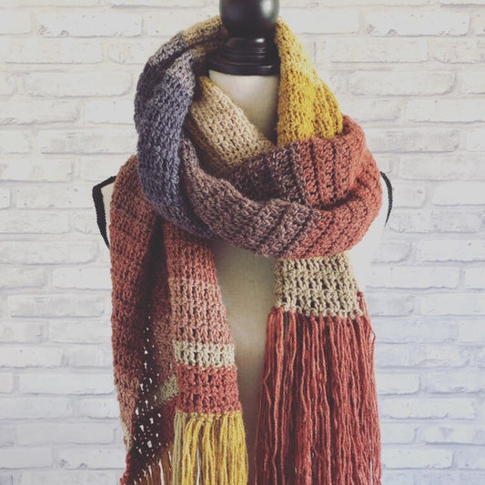 Josephine Scarf. Oversized Women’s Long Scarf with Fringe - Fall Colors. Indie Aesthetic. Color blocked Long Scarf. Multicolor Scarf