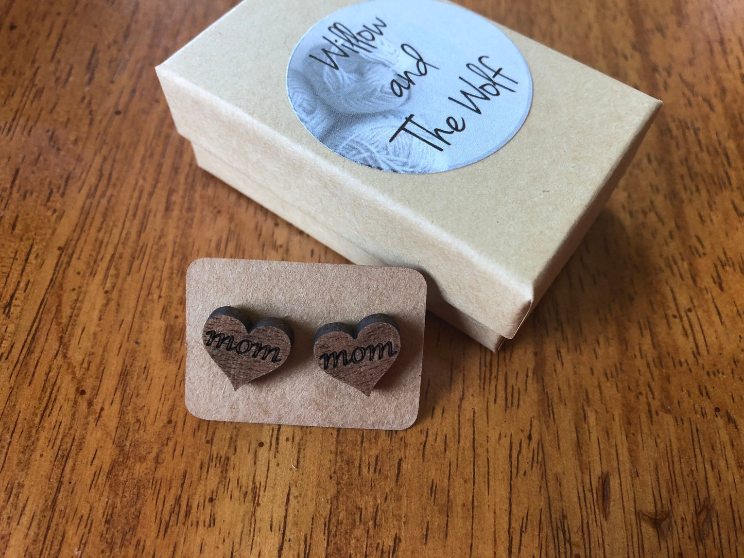 Mom Earrings. Gift for Mom. Mother’s Day Earrings. Wooden Mom Earrings. Laser Engraved Heart Earrings. I love mom