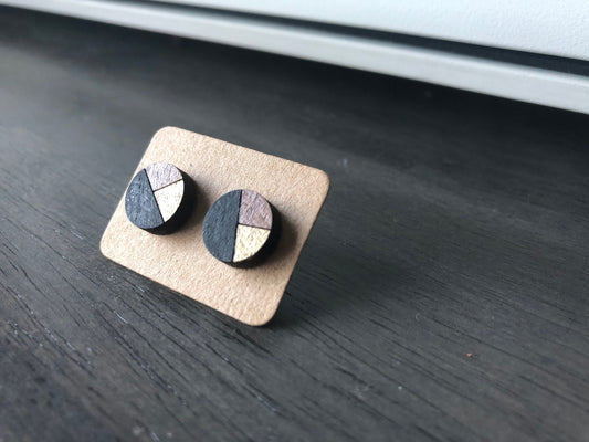 Black and Gold Geometric Circles. Wooden Stud Earrings. Geometric Jewelry.