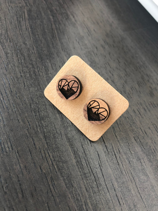 Valentines Day Geometric Heart Earrings. Wooden Engraved Earrings. Geo Heart Studs. Gift for Her. Laser Engraved Earrings. Birthday Gift.