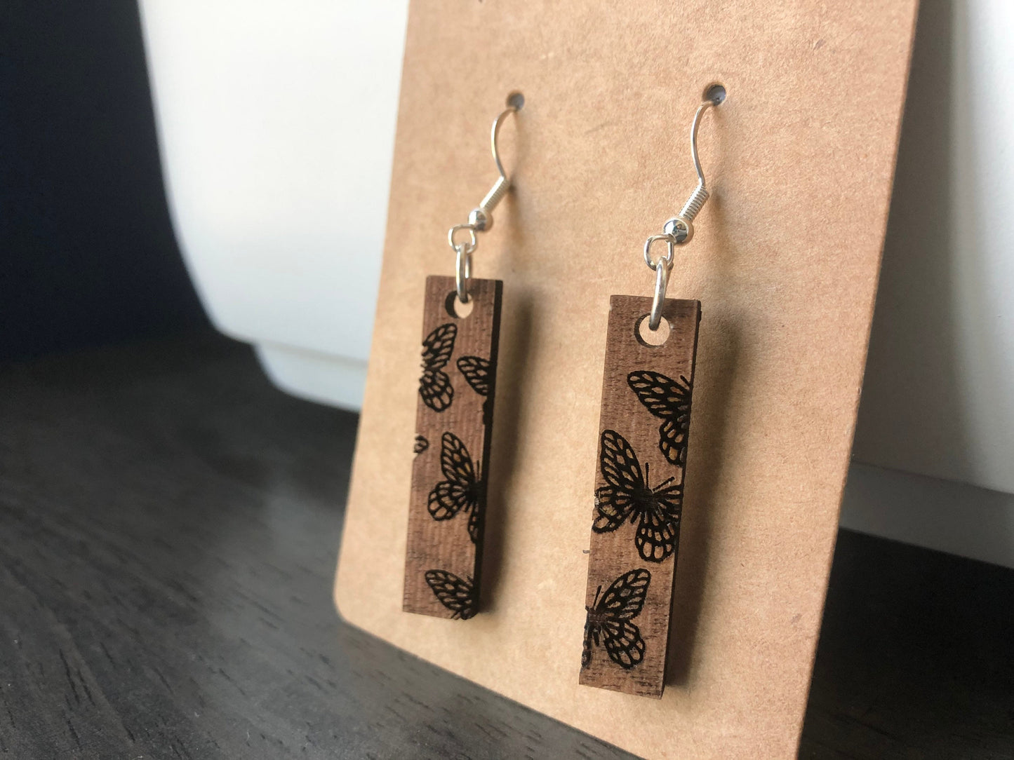 Butterfly Drop Earrings. Cottage Core Aesthetic. Indie Aesthetic Earrings. Butterflies. Engraved Wooden Earrings.