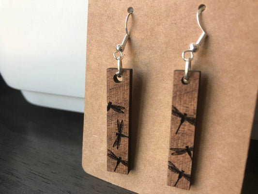 Dragonfly Engraved Earrings. Dragonflies Earrings. Wooden Dangle Earrings.