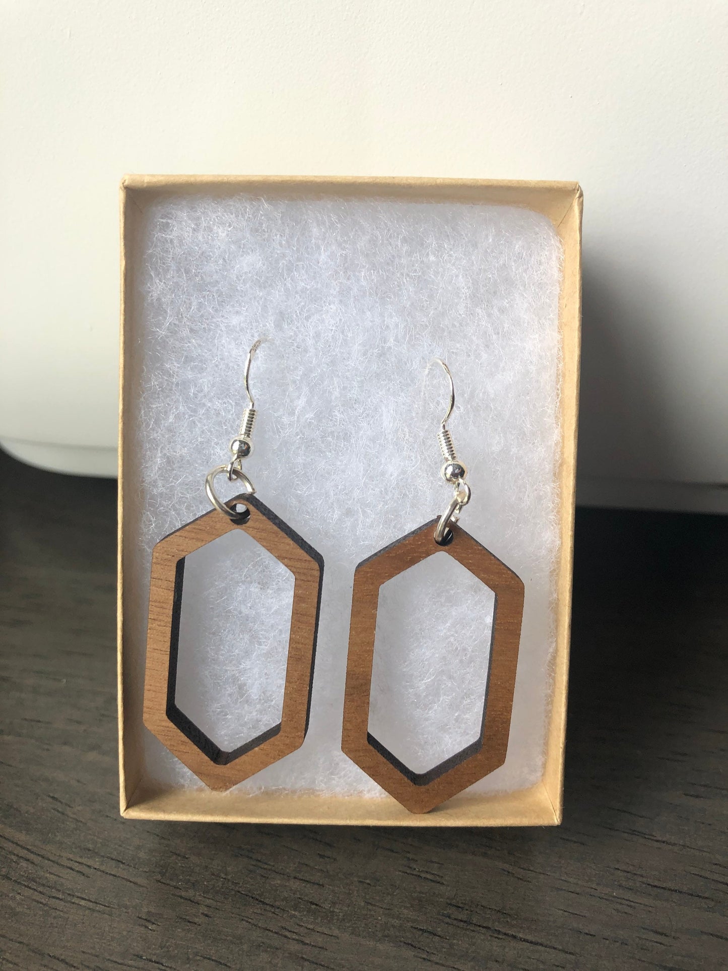 Long Hexagon Wooden Earrings. Minimalist Jewelry. Indie Aesthetic. Geometric Jewelry.