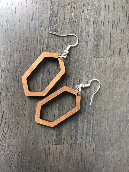 Long Hexagon Wooden Earrings. Minimalist Jewelry. Indie Aesthetic. Geometric Jewelry.