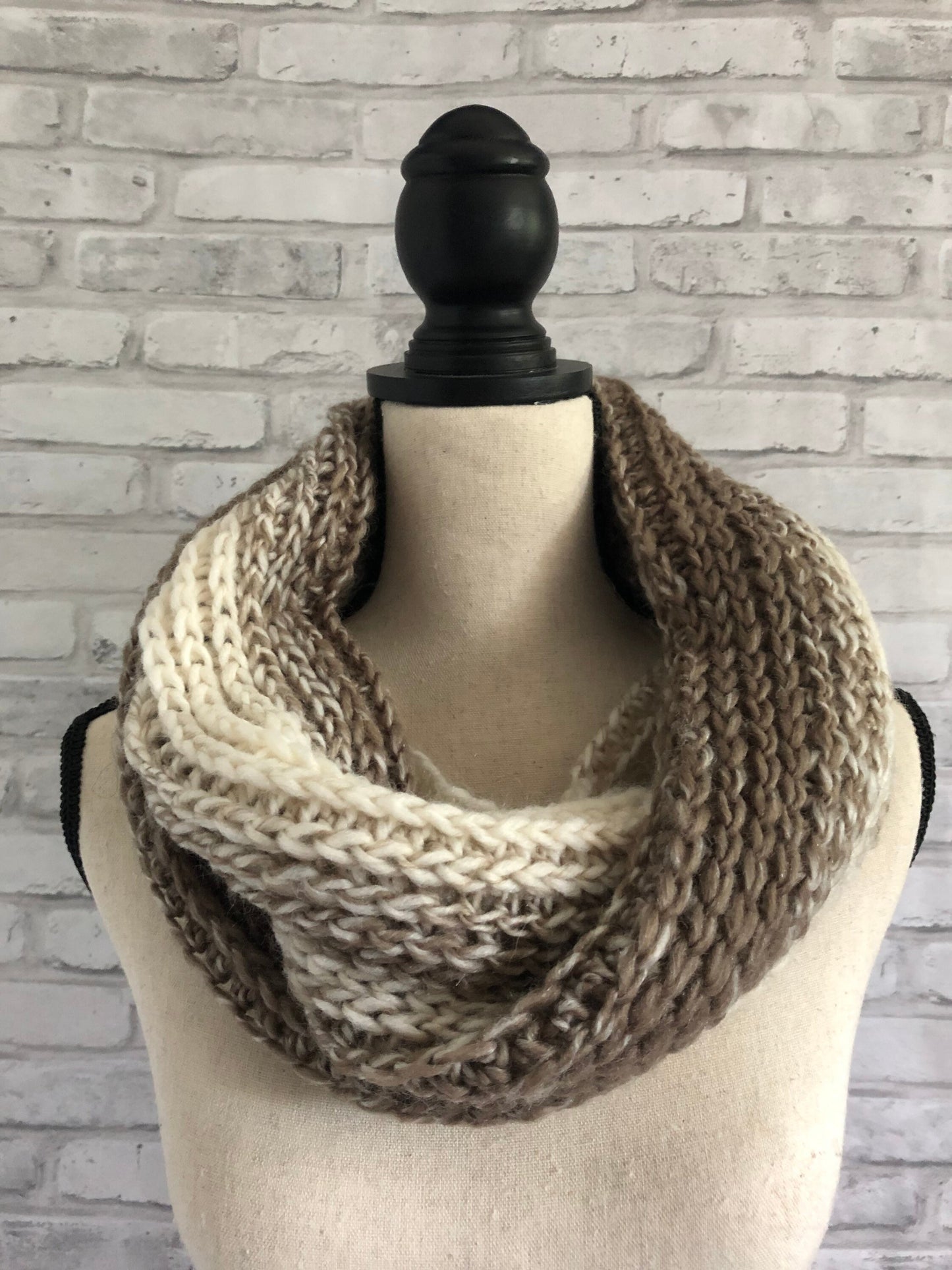 Neutral Scarf Cowl. Cream and Brown Knit Scarf. Neutral Women’s Knit Cowl.