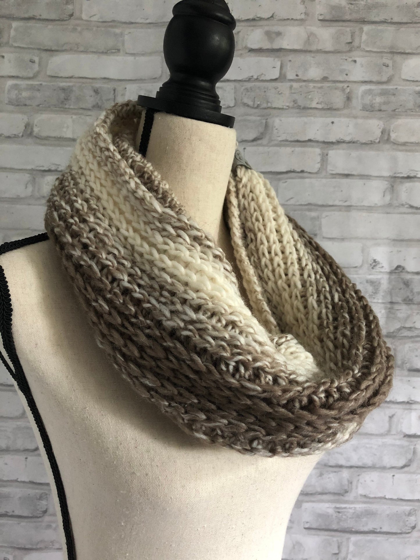 Neutral Scarf Cowl. Cream and Brown Knit Scarf. Neutral Women’s Knit Cowl.