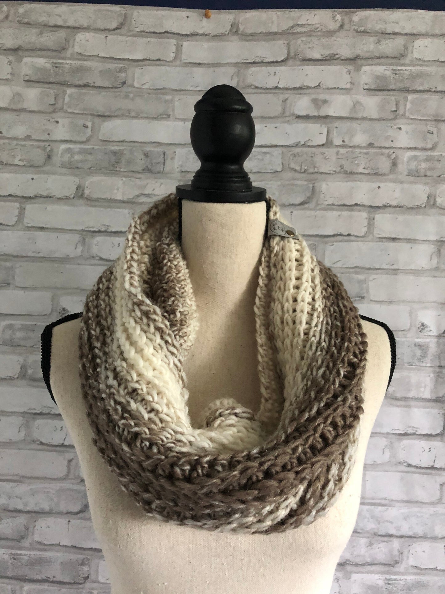 Neutral Scarf Cowl. Cream and Brown Knit Scarf. Neutral Women’s Knit Cowl.