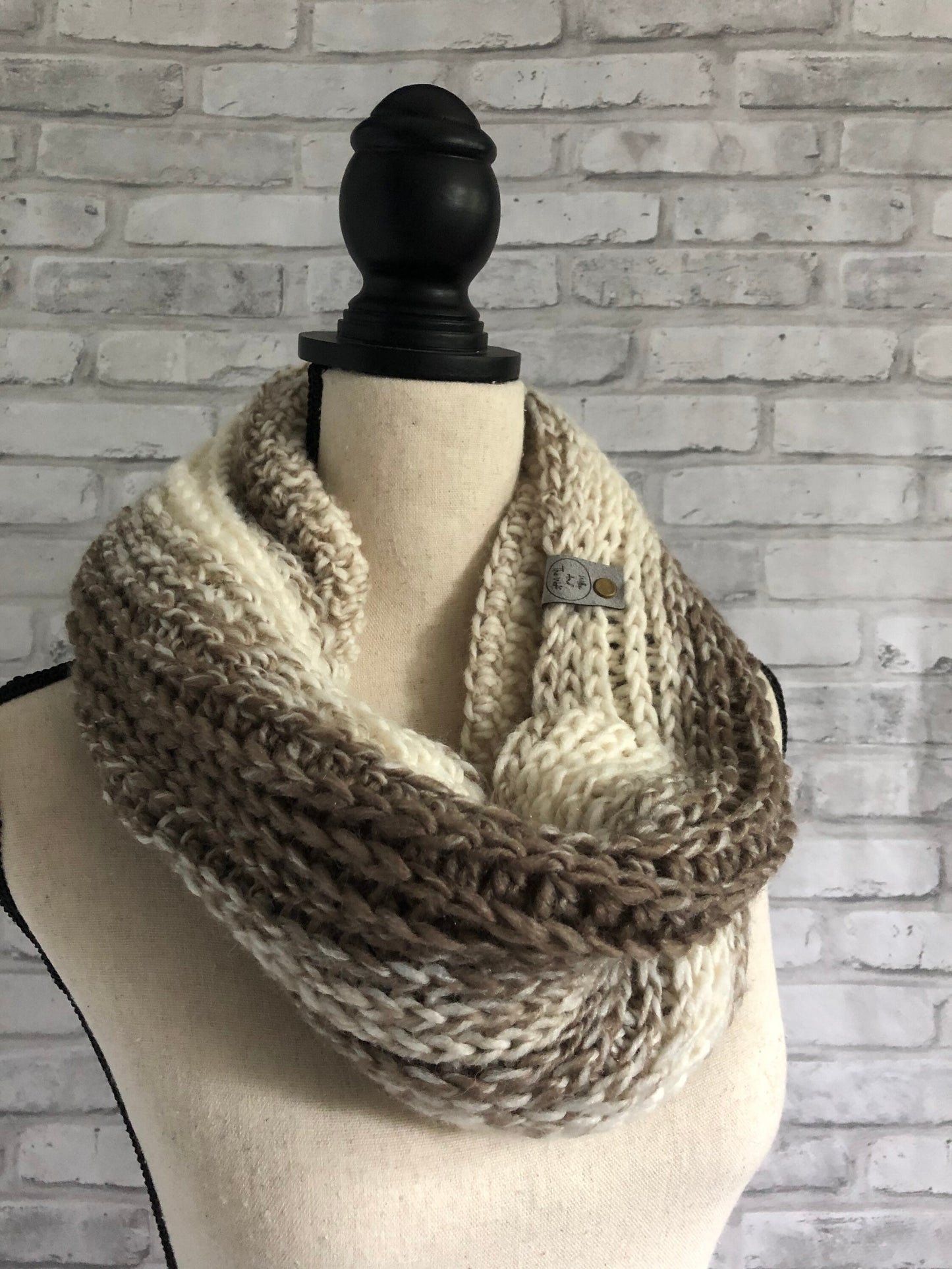 Neutral Scarf Cowl. Cream and Brown Knit Scarf. Neutral Women’s Knit Cowl.