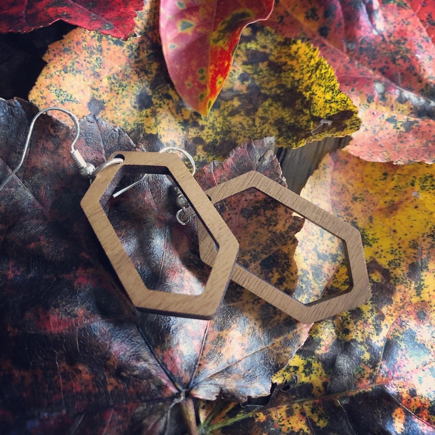 Long Hexagon Wooden Earrings. Minimalist Jewelry. Indie Aesthetic. Geometric Jewelry.