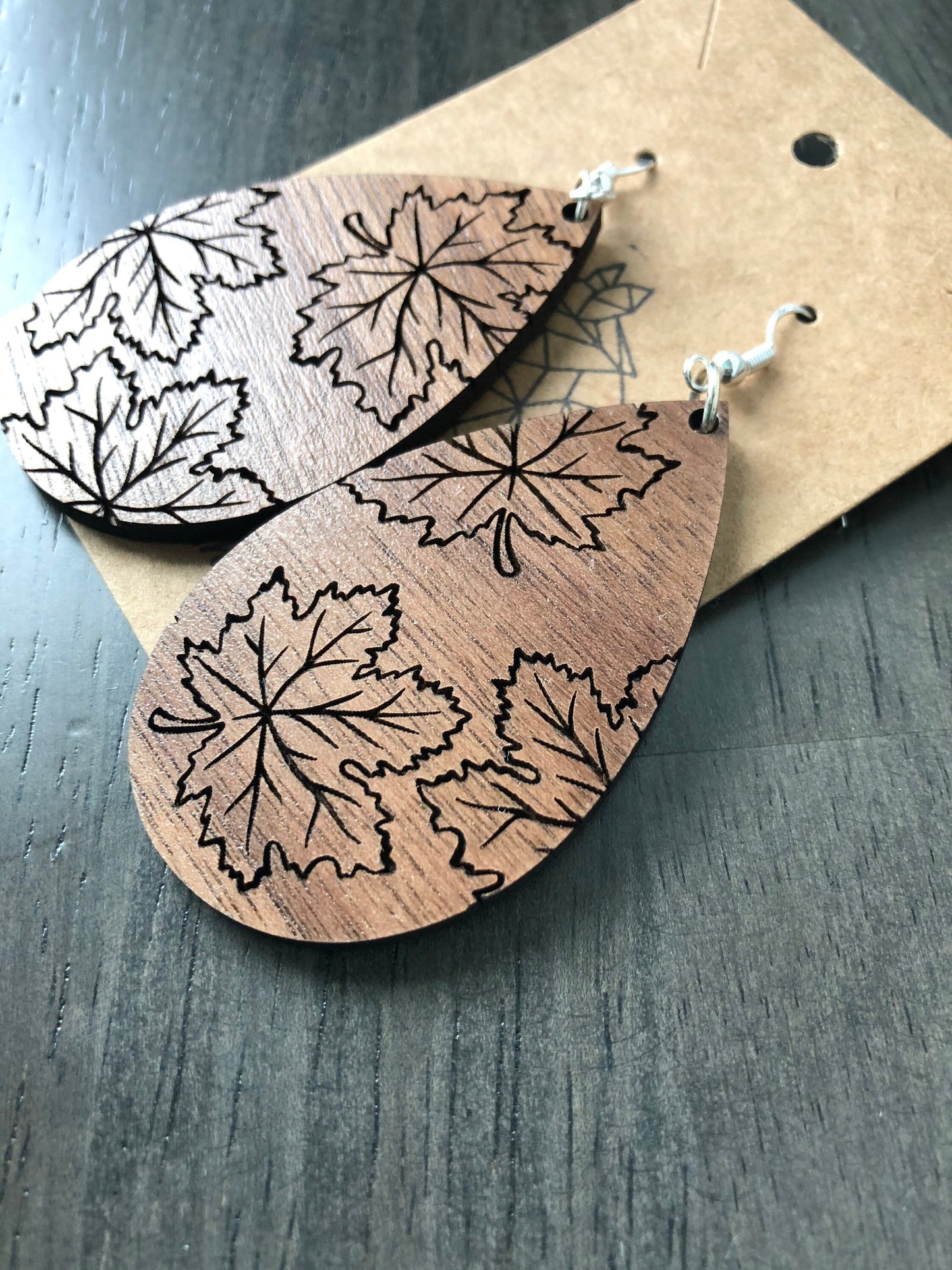 Fall Leaf Drop Earrings. Leaf Earrings. Maple Leaf. Wooden engraved leaf earrings. Falling Leaves.