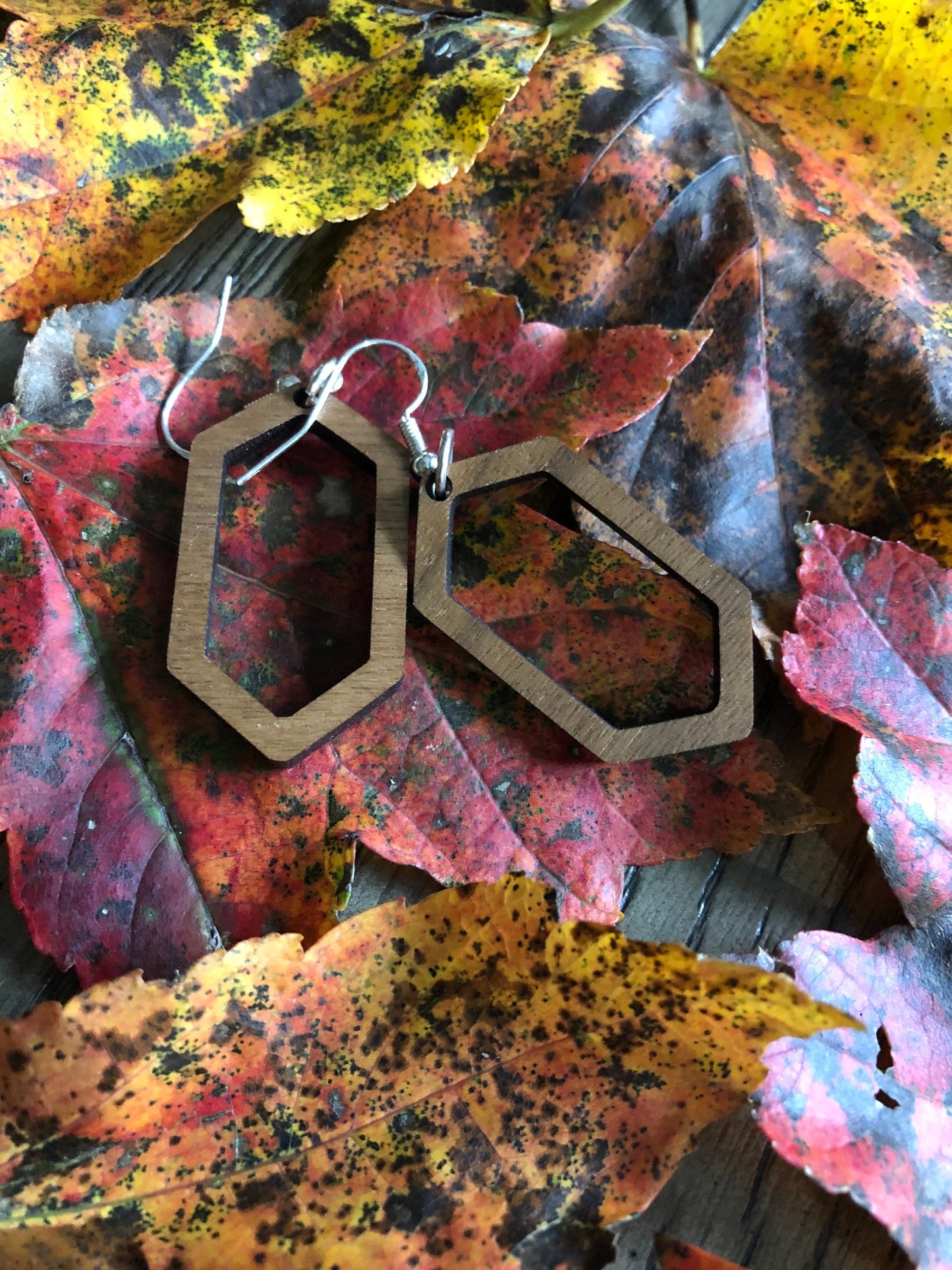 Long Hexagon Wooden Earrings. Minimalist Jewelry. Indie Aesthetic. Geometric Jewelry.