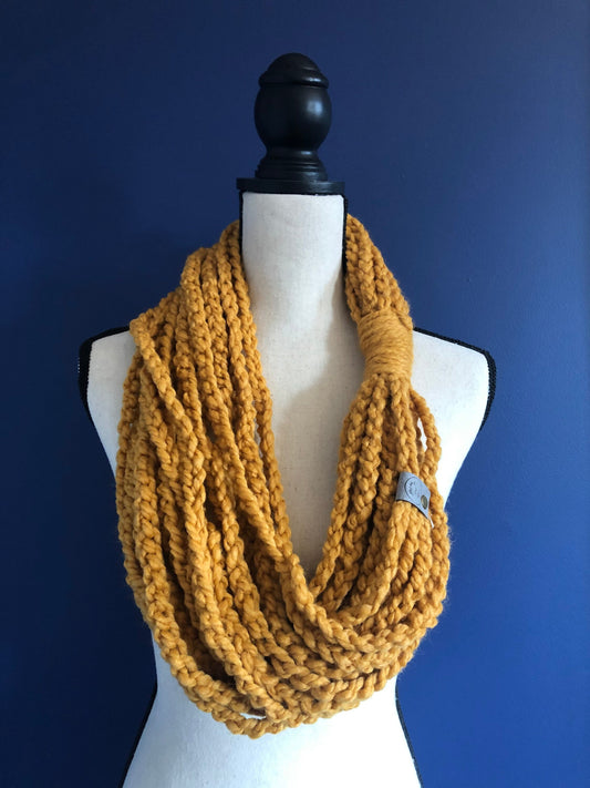 Mustard Yellow Women's Scarf. Knit Infinity Scarf. Golden Chain Scarf. Womens Knit Cowl. Braided Yellow Cowl.