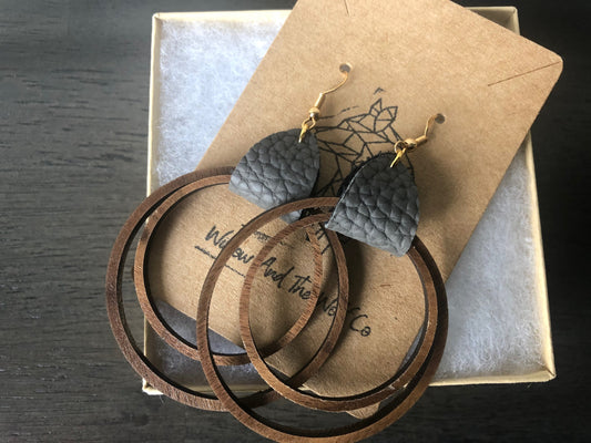 Double Wooden Hoop Earrings. Leather Hoop Earrings. Hoop earrings with leather tag.