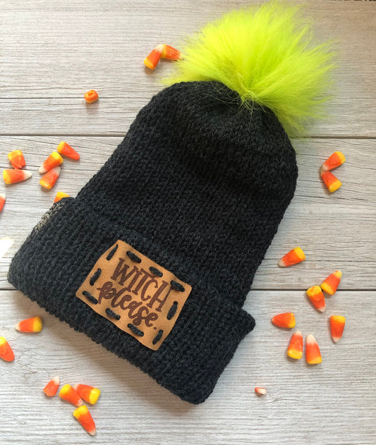Witch Please Halloween Beanie. Knit Pom Beanie. Halloween Toque with detachable Pom. Basic Witch.