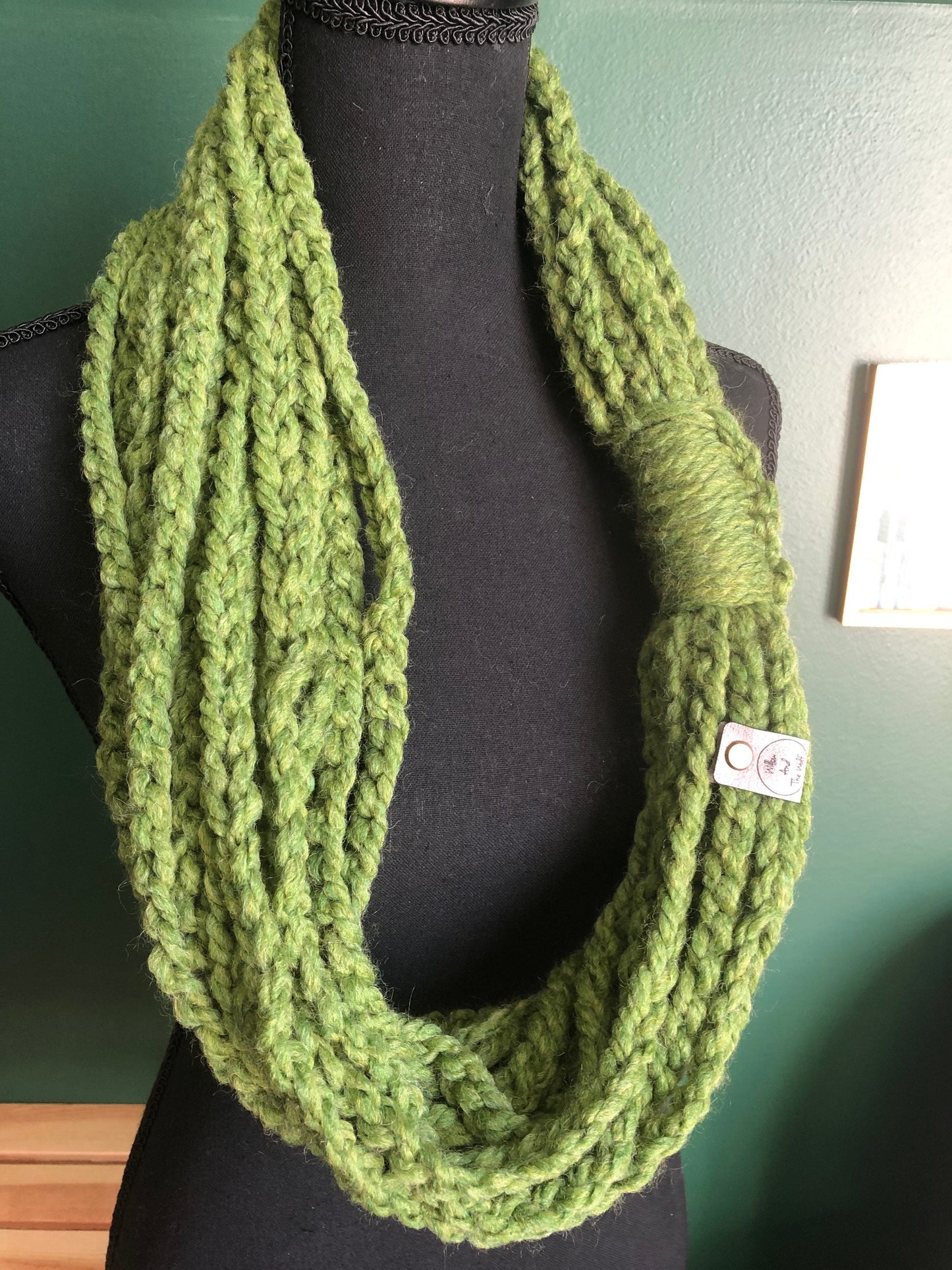 Green Women’s Scarf. Braided Chain Accent Scarf. Knitted scarf.