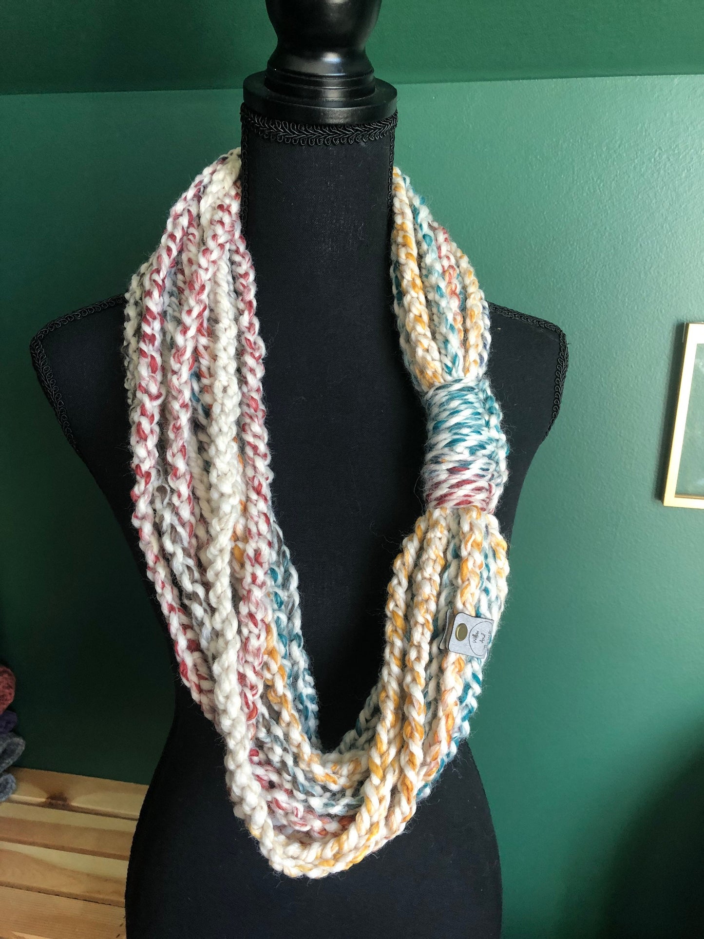 Multicolor Knit Scarf. Skinny Accent Scarf. Braided Chain Cowl. Women’s knit scarf.