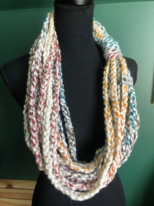 Multicolor Knit Scarf. Skinny Accent Scarf. Braided Chain Cowl. Women’s knit scarf.