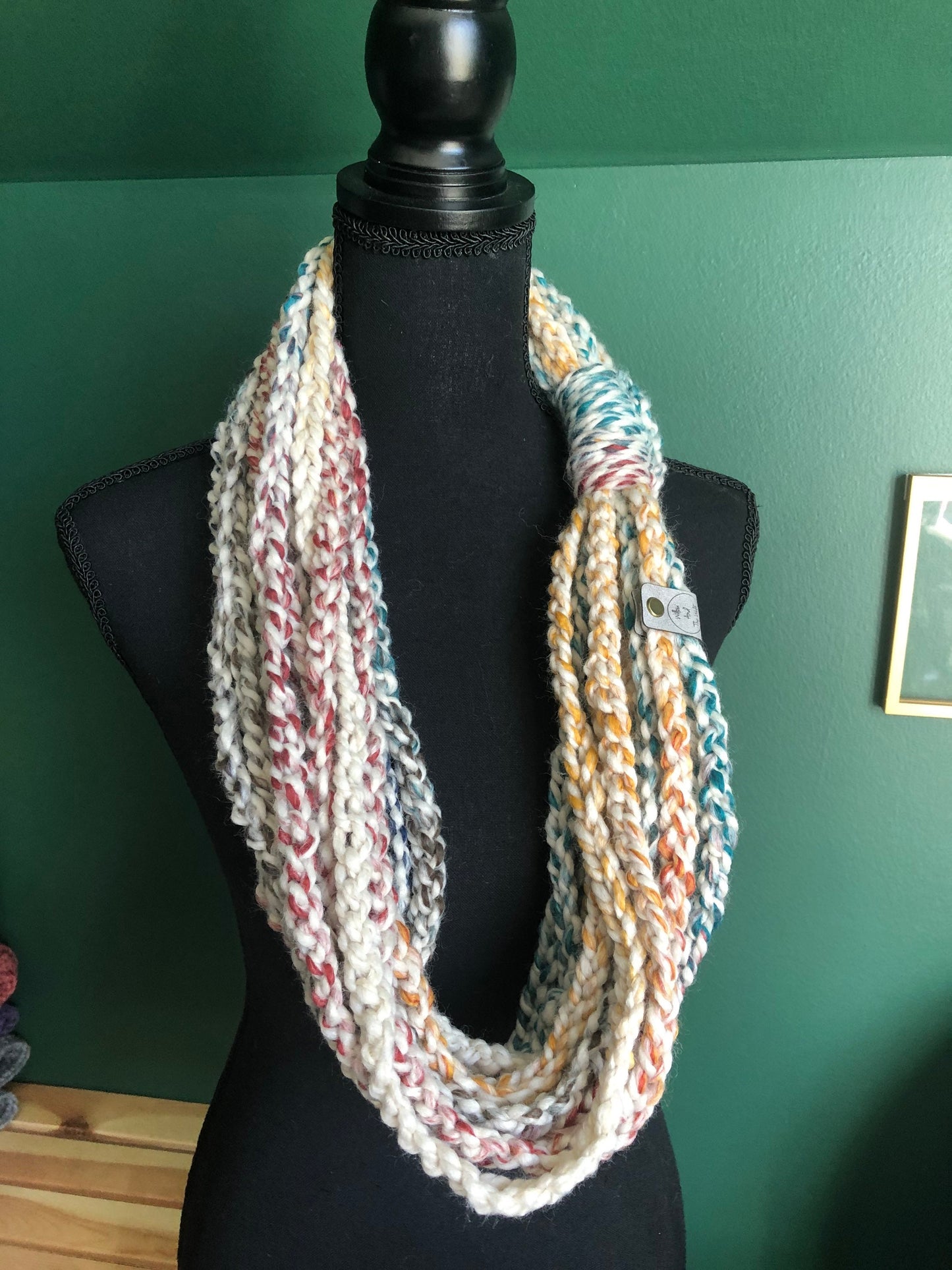 Multicolor Knit Scarf. Skinny Accent Scarf. Braided Chain Cowl. Women’s knit scarf.