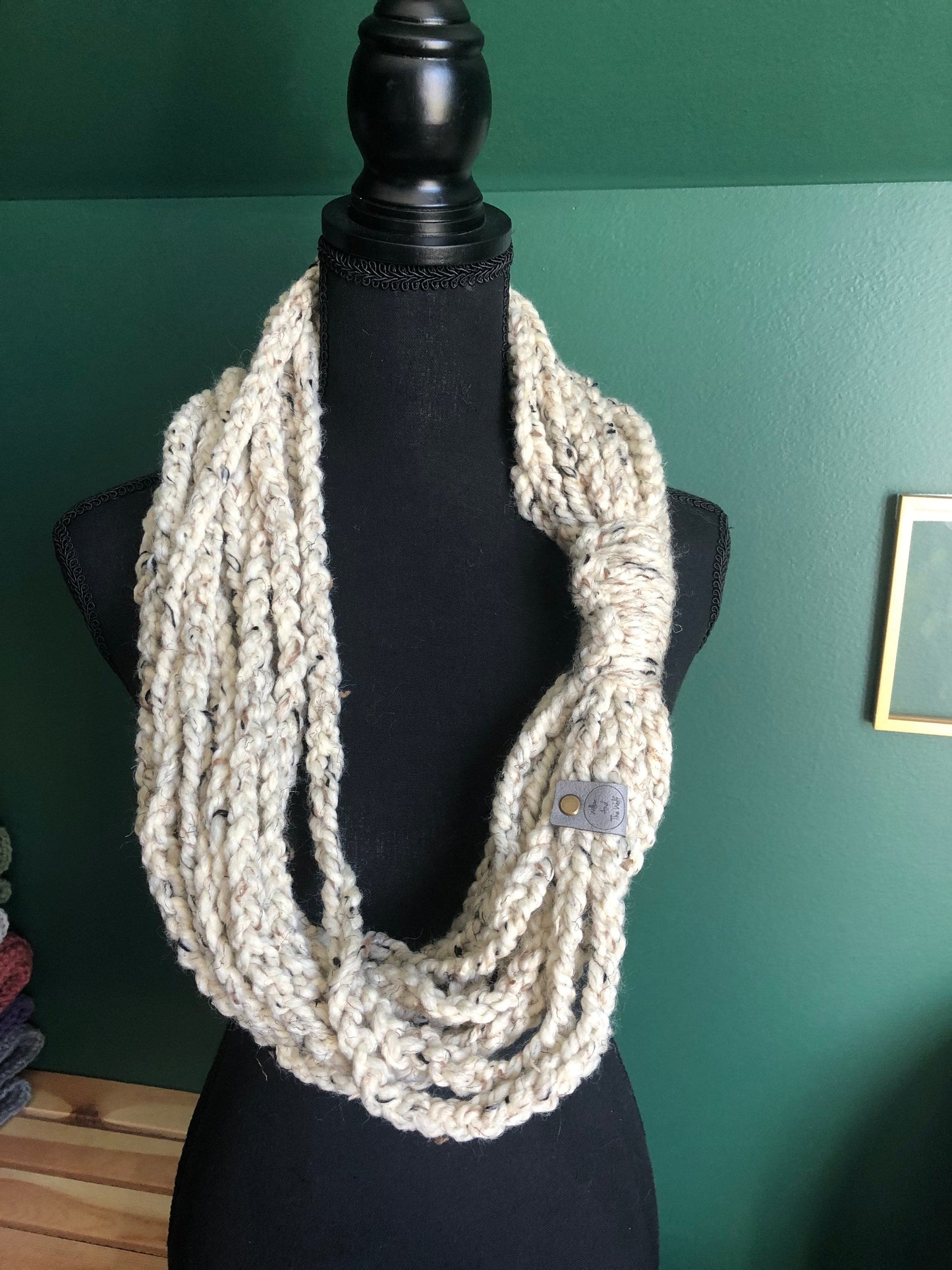 Cream Neutral Women’s Scarf. Braided Chain Cowl. Knit Scarf.