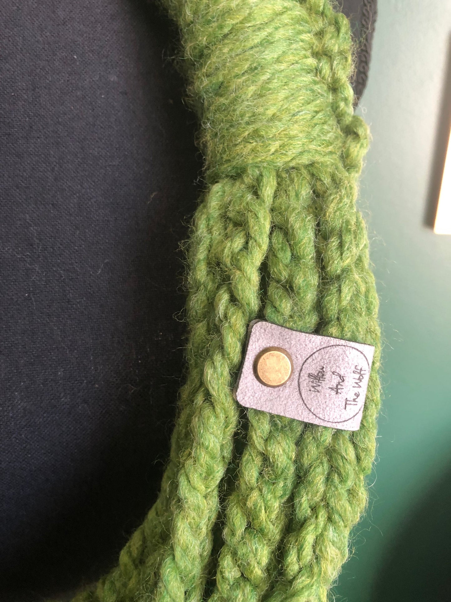 Green Women’s Scarf. Braided Chain Accent Scarf. Knitted scarf.